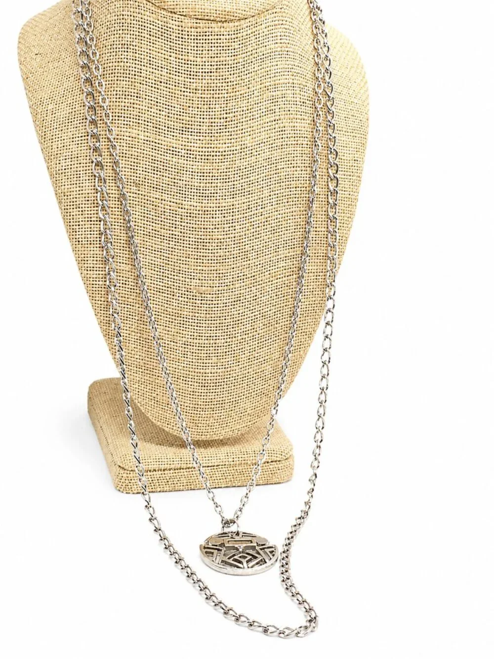 VINTAGE SILVER TONE Necklace Abstract Medallion Layered Chain Geometric